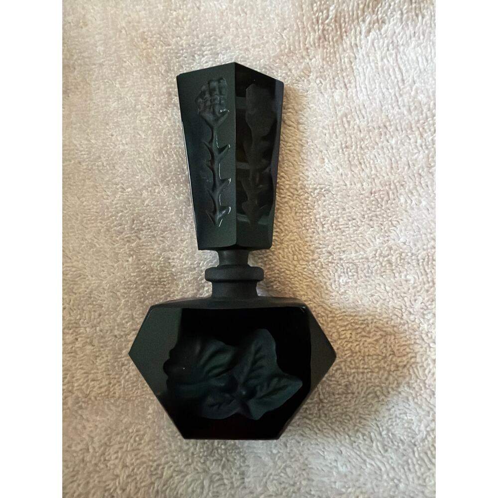 Vintage Czech Bohemian Black Glass Perfume Bottle Floral Relief 1920s Art Deco